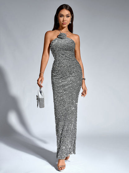 Halter Stereo Flower Sequin Mermaid Dress