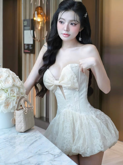 emma Bowknot hollow tube top mini dress in beige