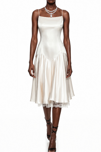 Ivory Spaghetti Strap Satin Lace Underlayer Hem Midi Slip Dress