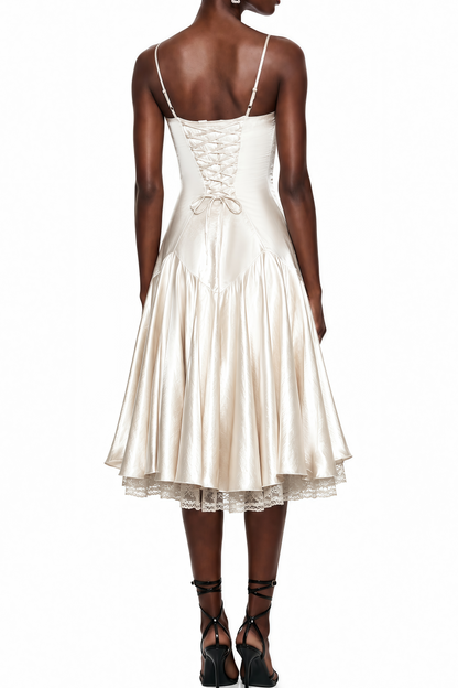 Ivory Spaghetti Strap Satin Lace Underlayer Hem Midi Slip Dress