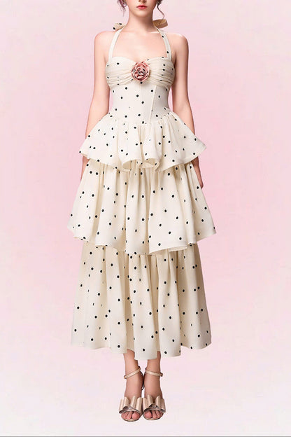 roberta Polka dots Applique Halter layer Midi Dress - apricot