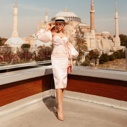 Smiley Puff Sleeve Satin Midi Dress in pink