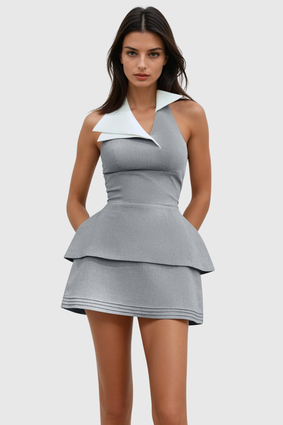 tiffany Halter Layered Pinstripe Mini Dress