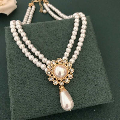 Women's Double Layered Pearl Choker With Pearl Drop Pendant