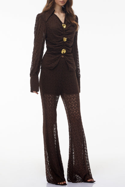 karen Brown Floral Lace hollow Top & Trouser Set