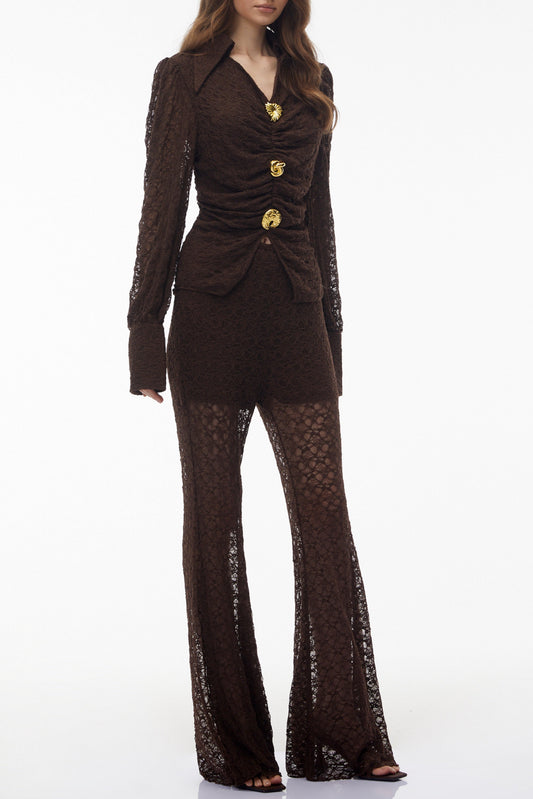 karen Brown Floral Lace hollow Top & Trouser Set
