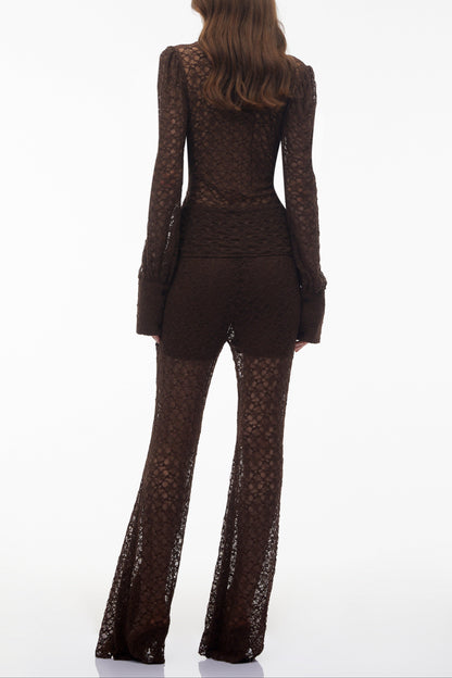 karen Brown Floral Lace hollow Top & Trouser Set