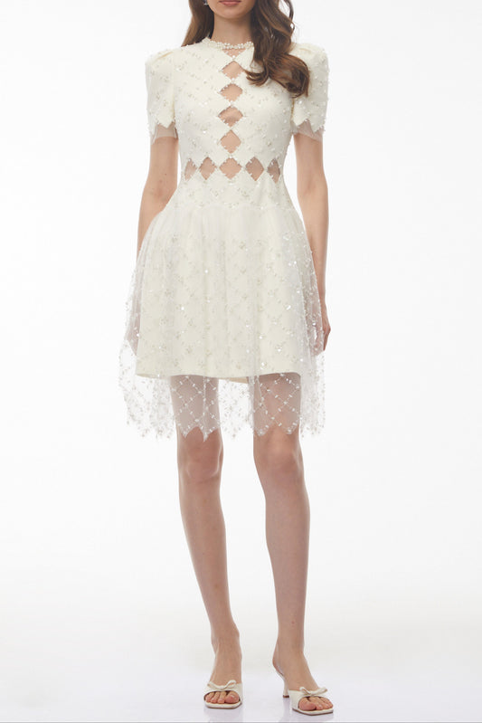 Henrietta Ivory Sequin Mini Dress with Mesh Panels
