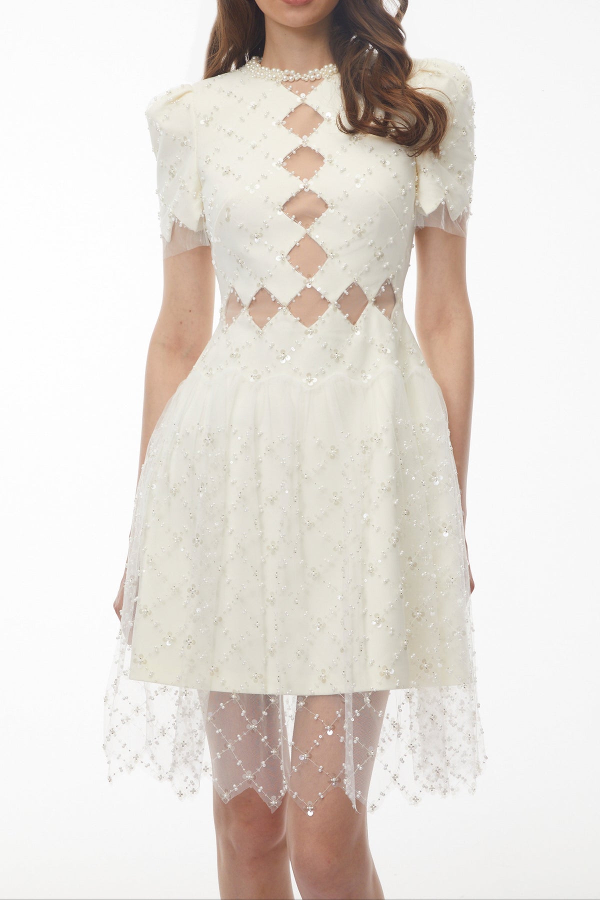 Henrietta Ivory Sequin Mini Dress with Mesh Panels