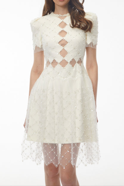 Henrietta Ivory Sequin Mini Dress with Mesh Panels