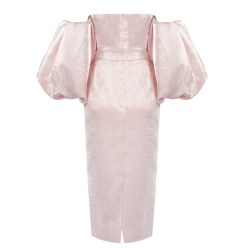 Smiley Puff Sleeve Satin Midi Dress in pink