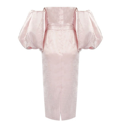 Smiley Puff Sleeve Satin Midi Dress in pink