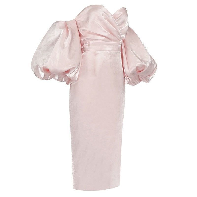 Smiley Puff Sleeve Satin Midi Dress in pink