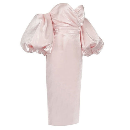 Smiley Puff Sleeve Satin Midi Dress in pink