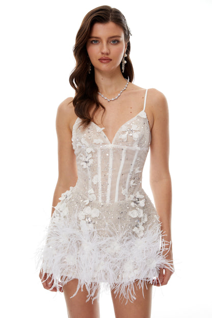 carlin White 3D Petal sequin Mini Dress with Feather Trim