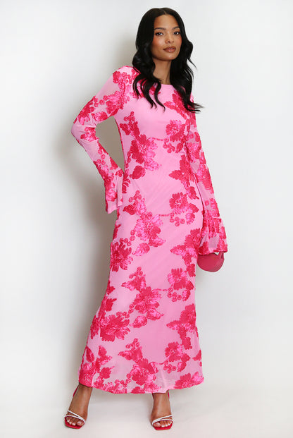 Floral Lace Lined Flute Cuffs Midi Dress