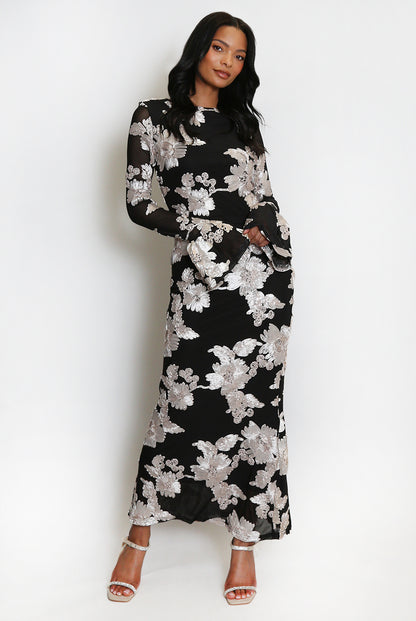 Floral Lace Lined Flute Cuffs Midi Dress