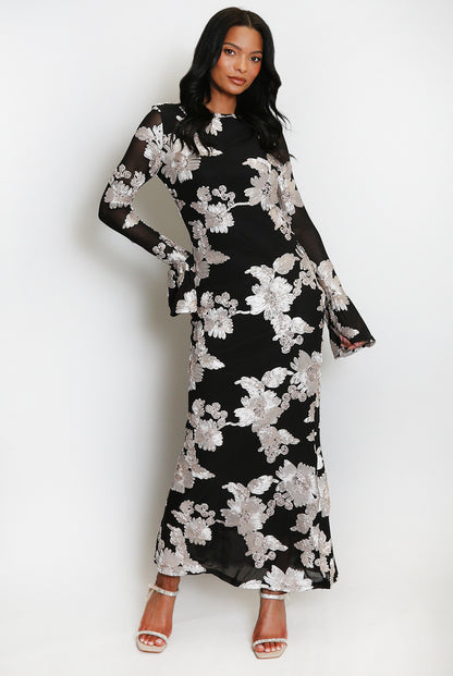 Floral Lace Lined Flute Cuffs Midi Dress