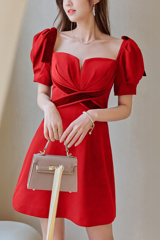 VELVET TIERED PUFF SLEEVE MINI DRESS IN RED