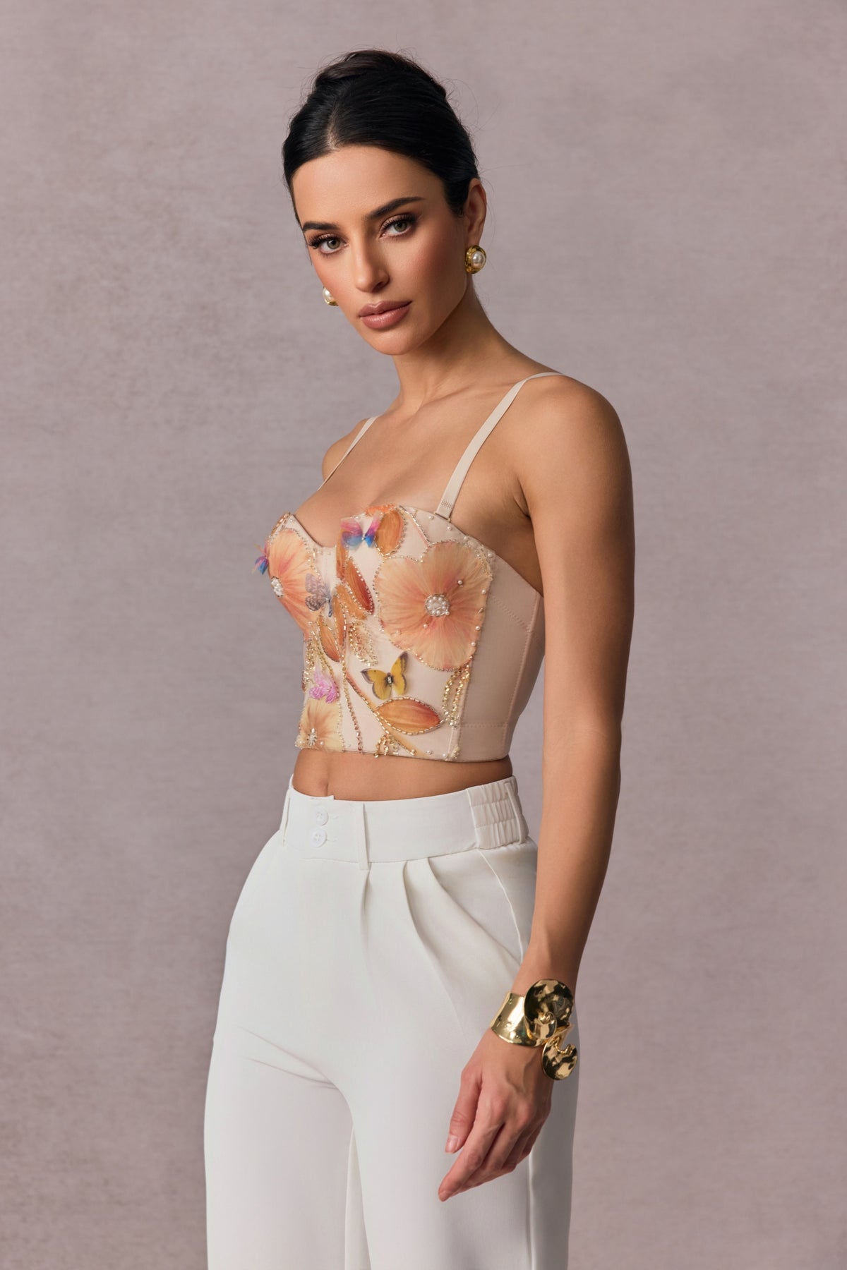3D Floral Butterfly Rhinestone Spaghetti Strap Bustier Crop Top