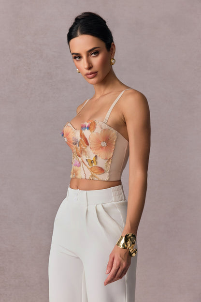 3D Floral Butterfly Rhinestone Spaghetti Strap Bustier Crop Top
