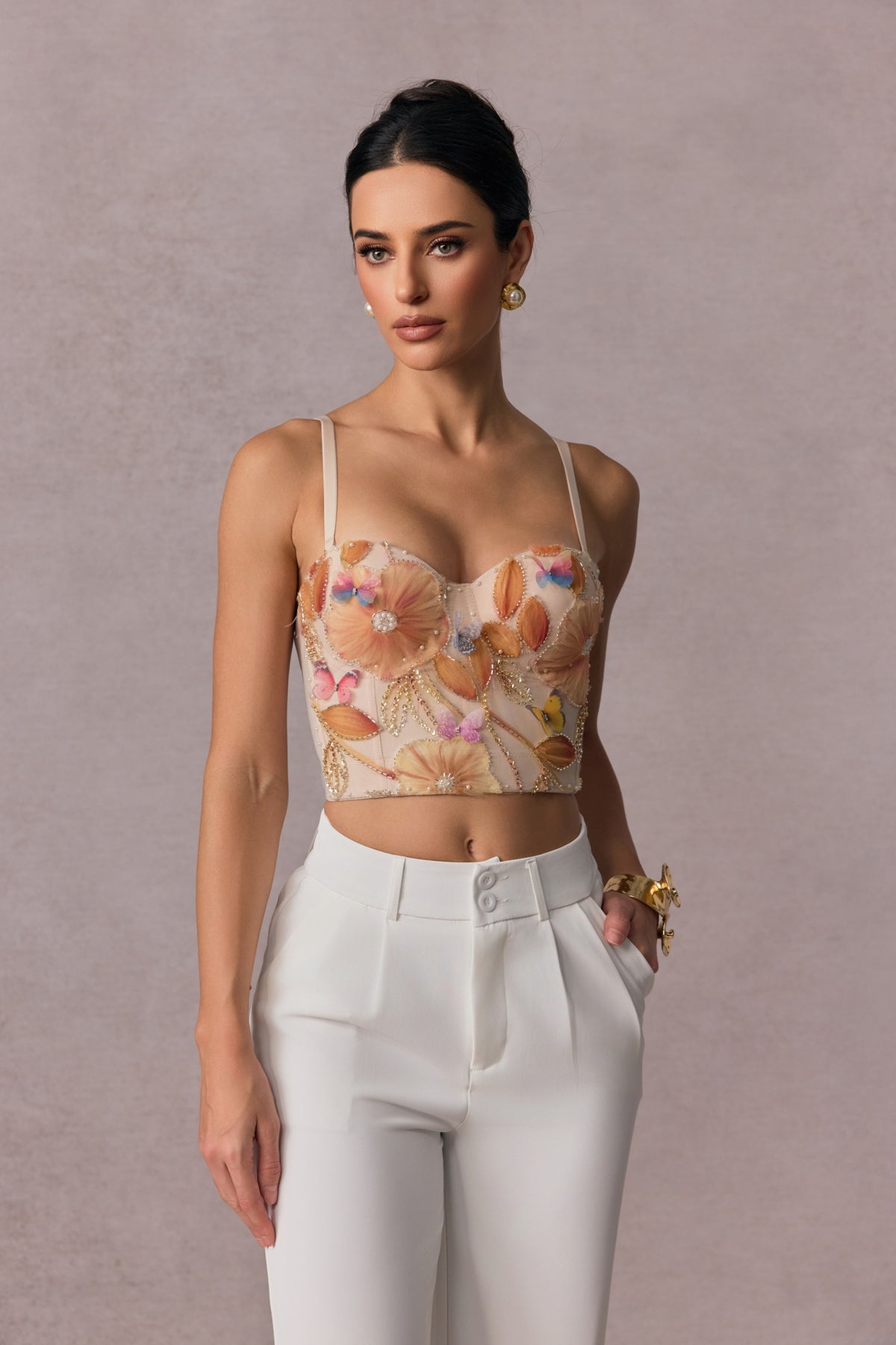 3D Floral Butterfly Rhinestone Spaghetti Strap Bustier Crop Top