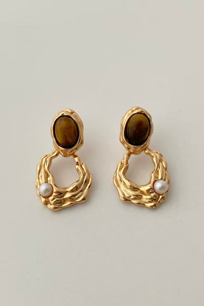 Tiger Eye Stone Pearl Irregular Wavy Hollow Gold Drop Earrings
