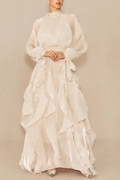 pandora Puff Sleeve Ruffle Trim Maxi Dress in apricot