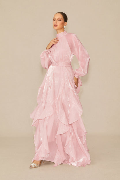pandora Puff Sleeve Ruffle Trim Maxi Dress in pink