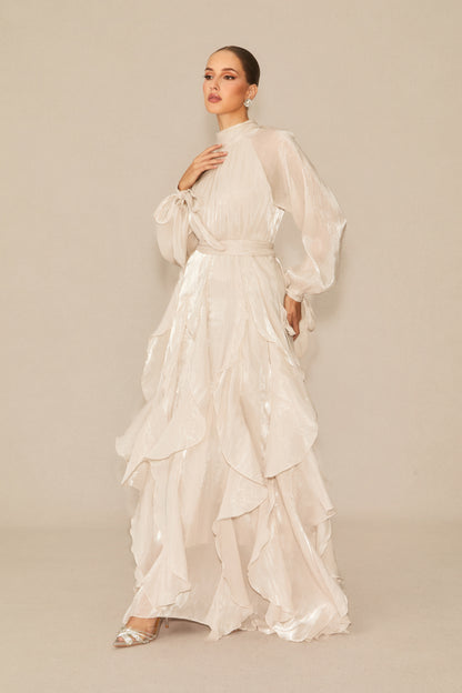 pandora Puff Sleeve Ruffle Trim Maxi Dress in apricot