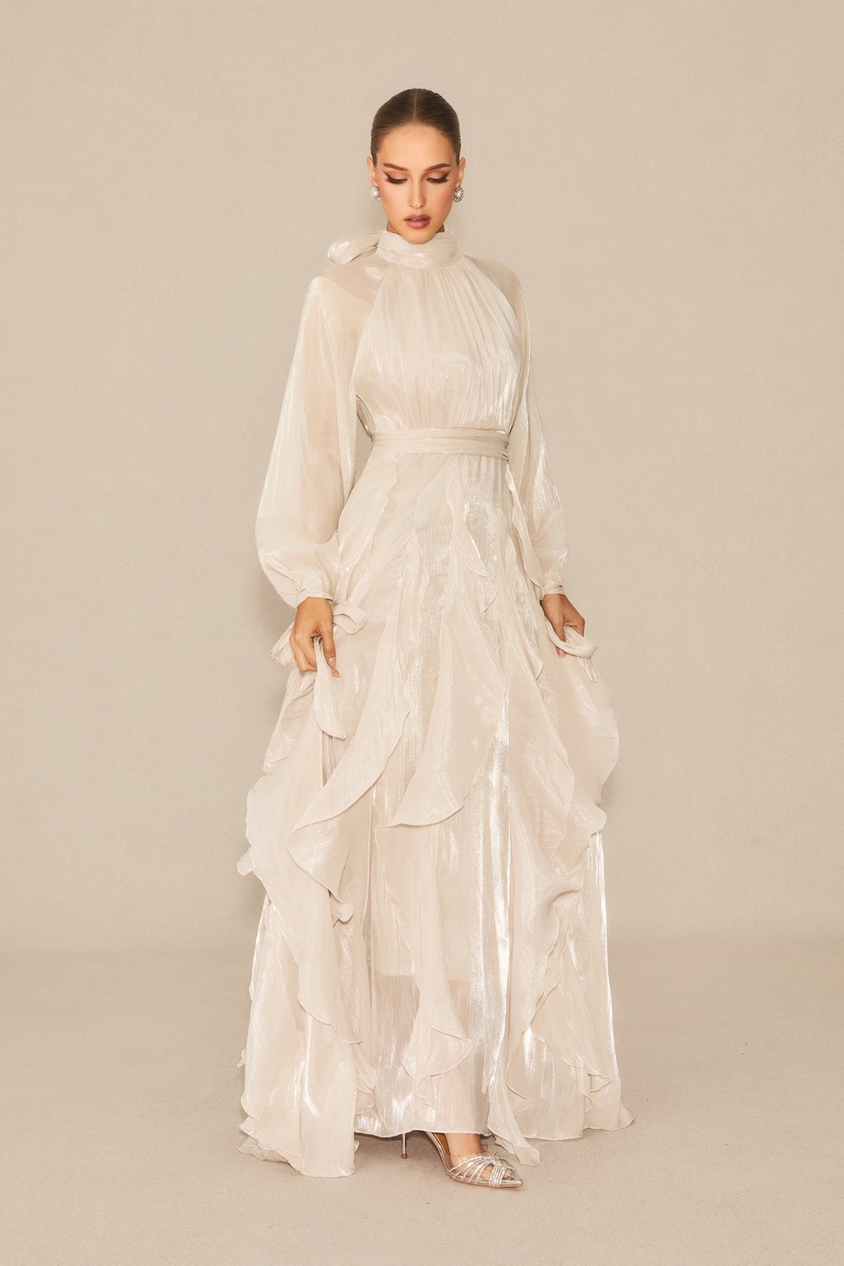 pandora Puff Sleeve Ruffle Trim Maxi Dress in apricot