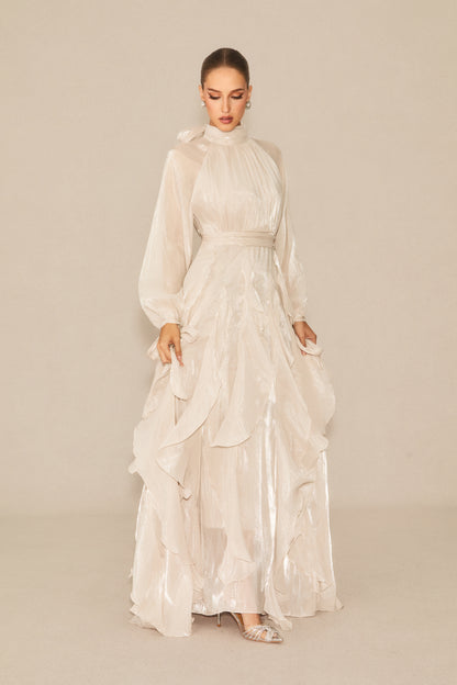 pandora Puff Sleeve Ruffle Trim Maxi Dress in apricot