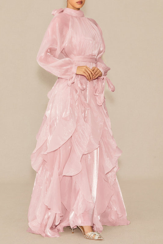 pandora Puff Sleeve Ruffle Trim Maxi Dress in pink
