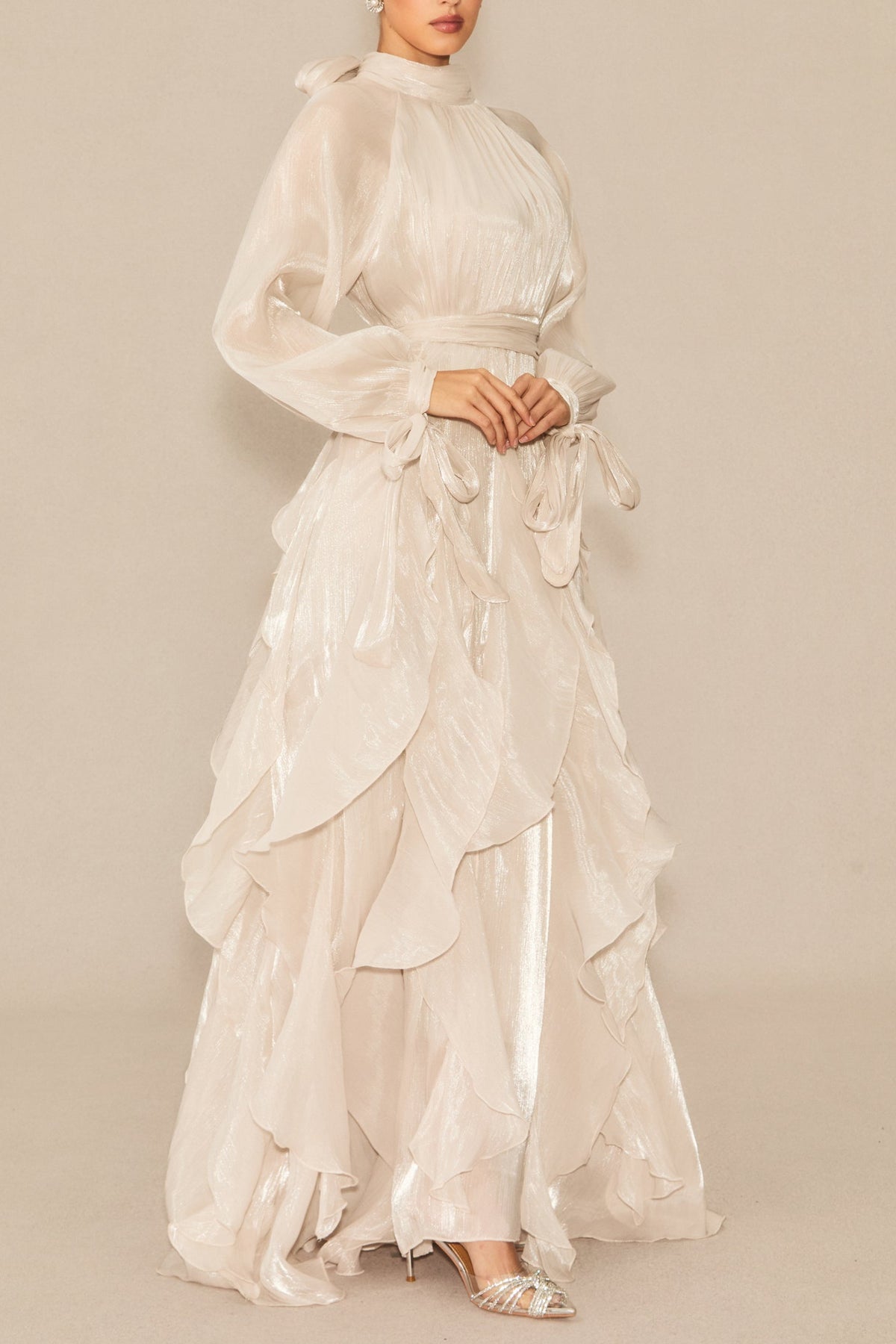 pandora Puff Sleeve Ruffle Trim Maxi Dress in apricot