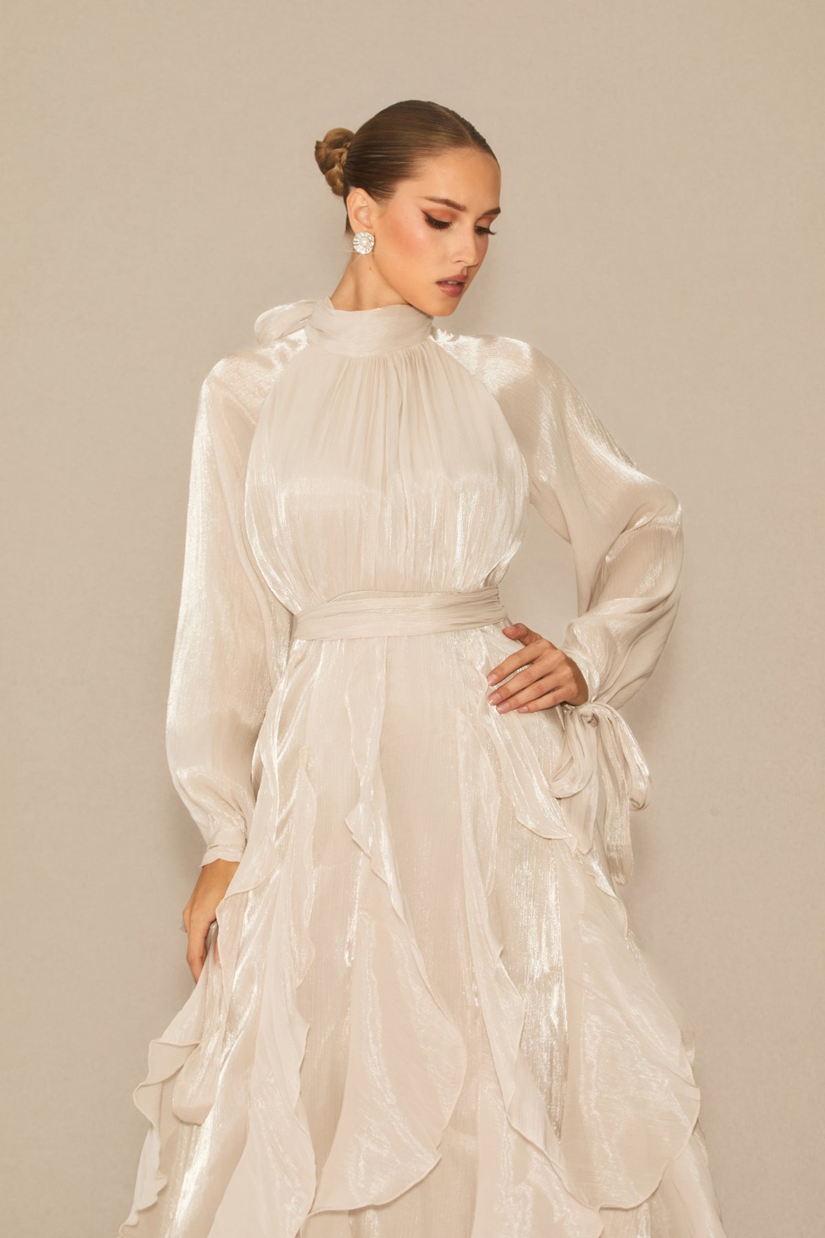 pandora Puff Sleeve Ruffle Trim Maxi Dress in apricot