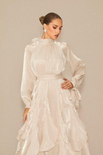 pandora Puff Sleeve Ruffle Trim Maxi Dress in apricot