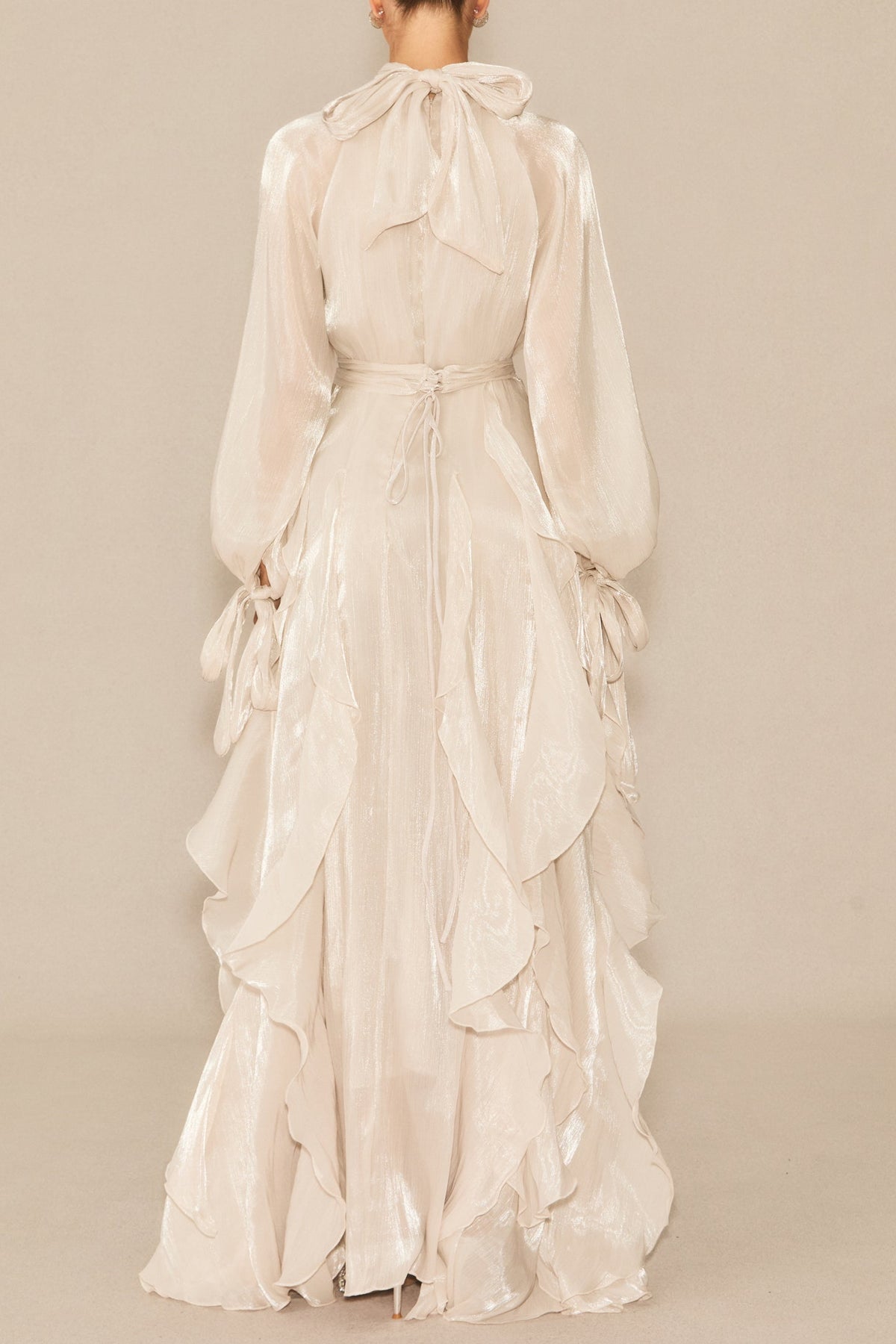 pandora Puff Sleeve Ruffle Trim Maxi Dress in apricot