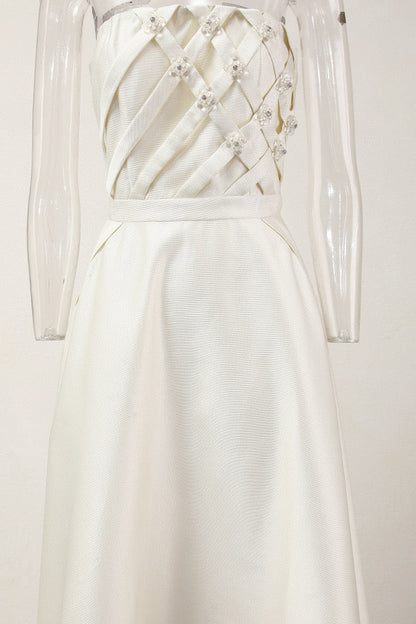 Strapless Straight Across Neck Polyester Midi Dress