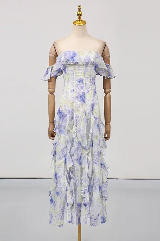 helen Floral Frill Off-Shoulder Maxi Dress in blue