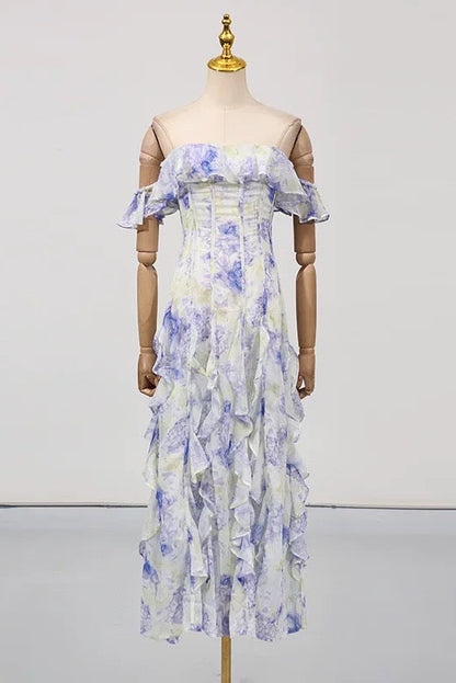 helen Floral Frill Off-Shoulder Maxi Dress in blue