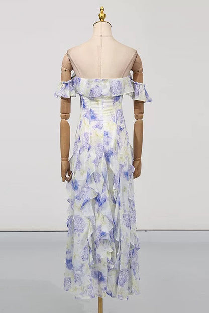 helen Floral Frill Off-Shoulder Maxi Dress in blue