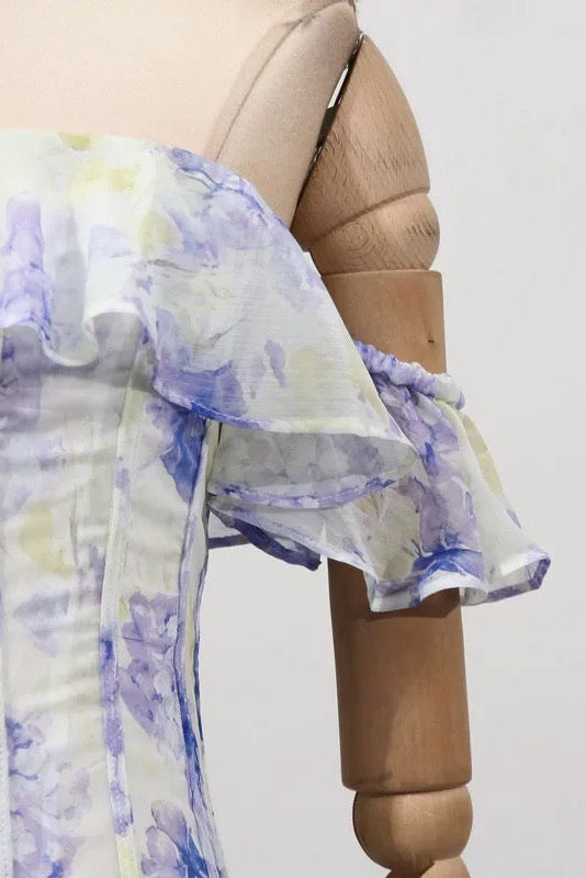 helen Floral Frill Off-Shoulder Maxi Dress in blue