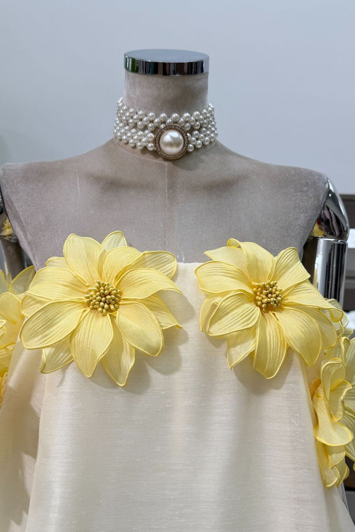 sabrina Off-Shoulder 3D Floral Mini Dress in Yellow
