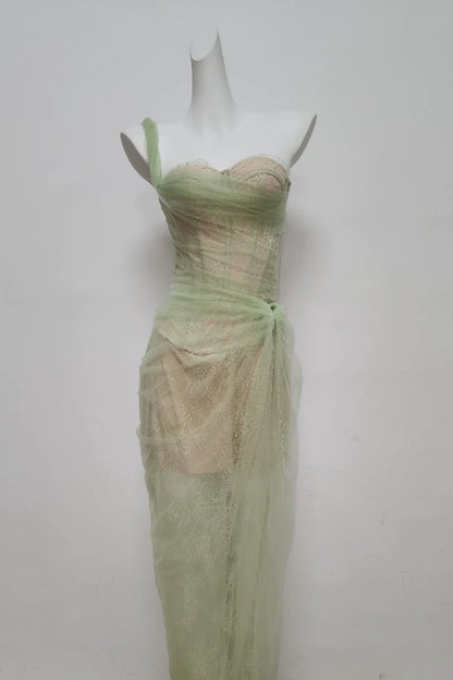 mandy one-shoulder lace tulle maxi dress in mint