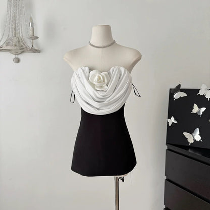 verna flower embellished strapless mini dress in black