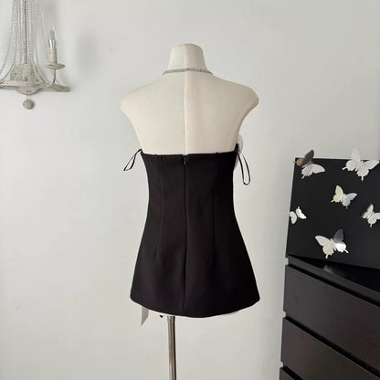verna flower embellished strapless mini dress in black