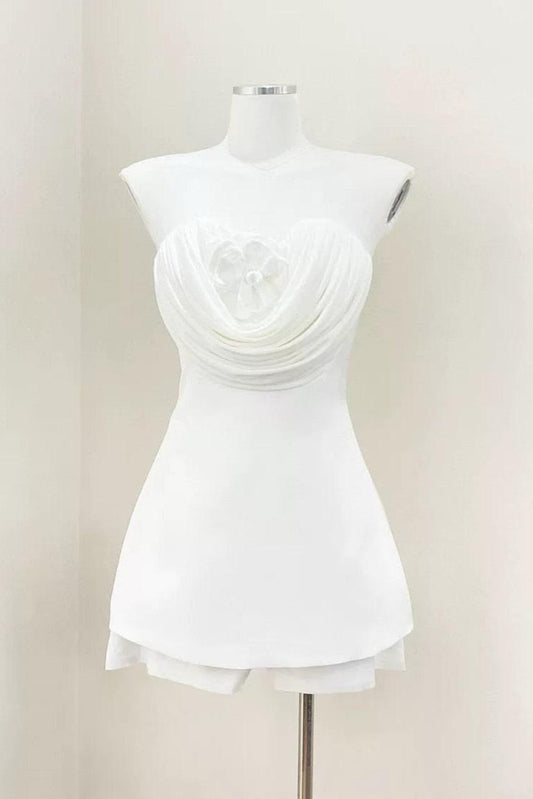 verna flower embellished strapless mini dress in white