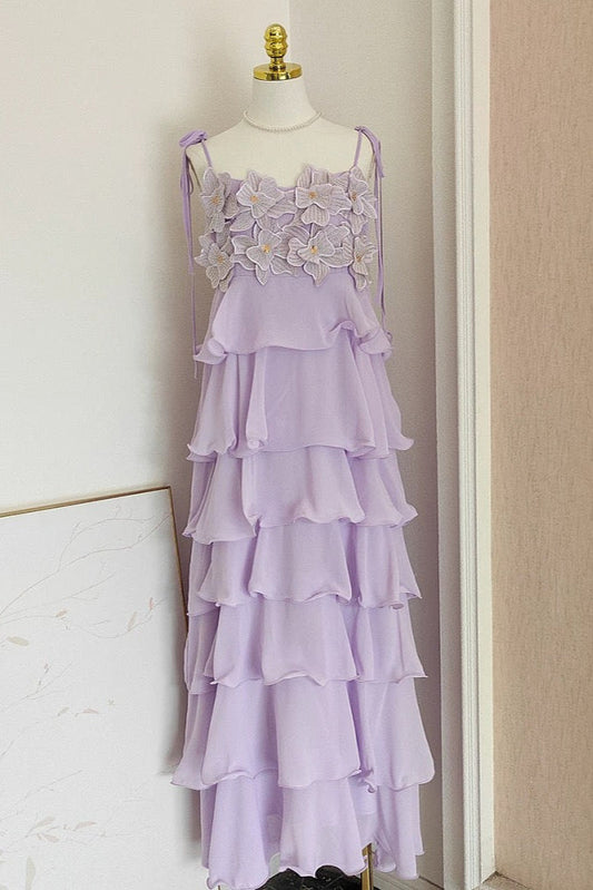stacey sequined 3d-petal tiered maxi dress in purple