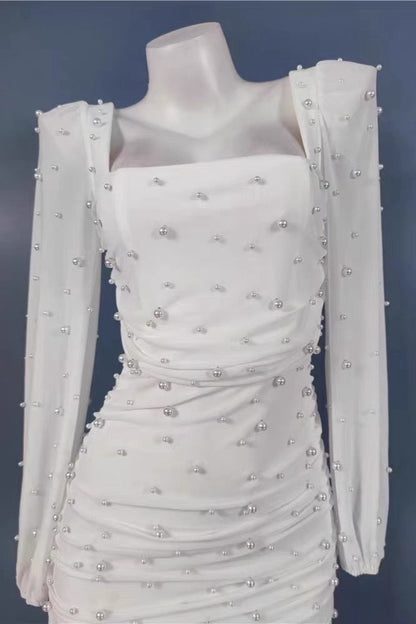 Flirty Luxury Ivory Mesh Pearl Long Sleeve Mini Dress