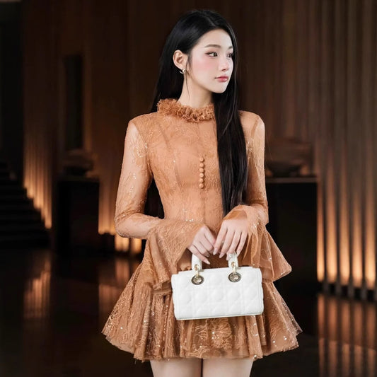Embroidered Flared long sleeve Mini Dress